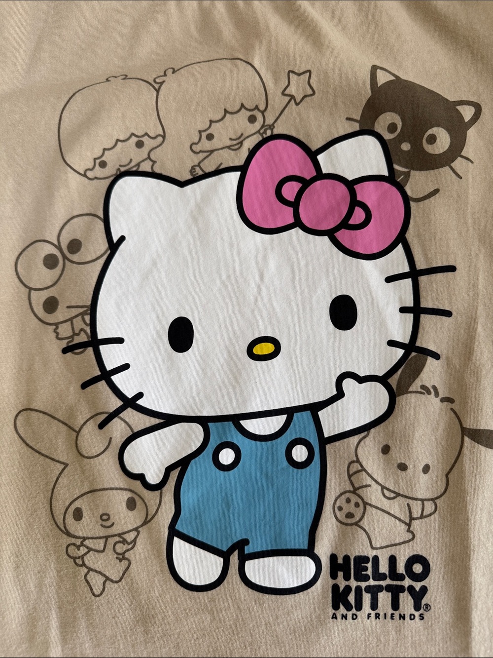 Hello Kitty Beige Graphic T-shirt Tee with Pink Bow and Blue Outfit - Picture 3 of 6